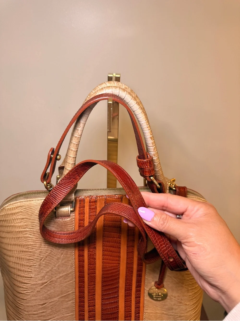 Brahmin Vivian Beige and Brown Textured Satchel